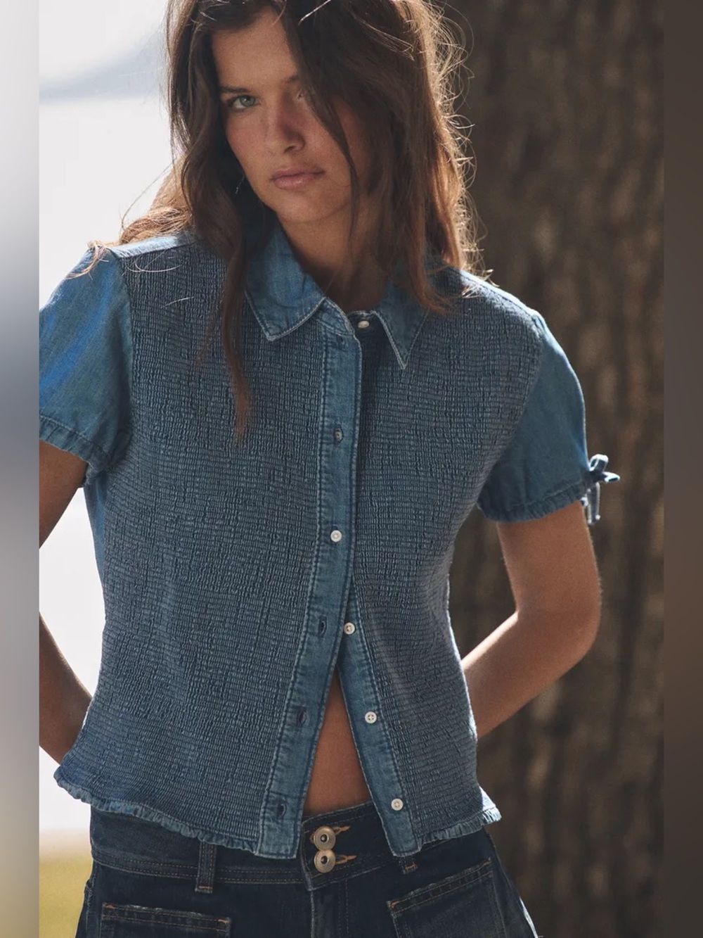 NWT Zara SMOCKED DENIM SHIRT